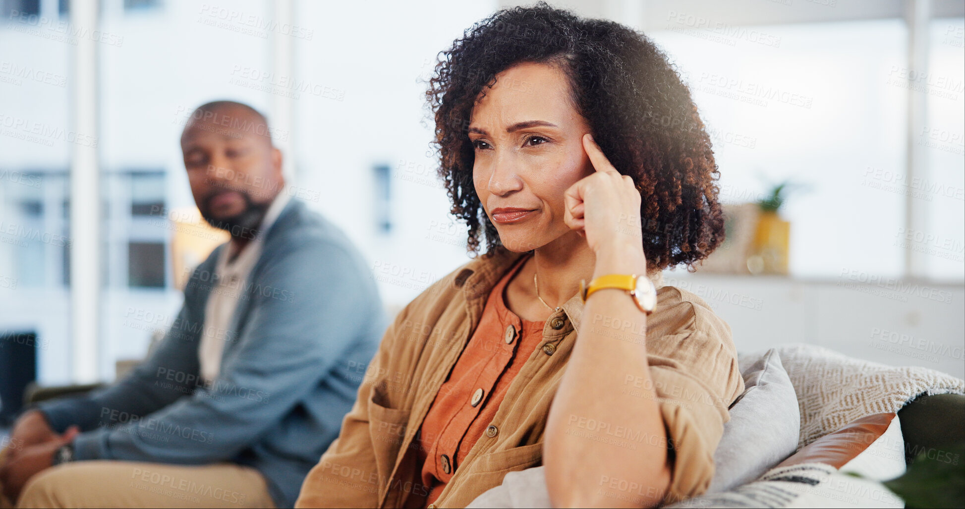 Buy stock photo Couple, mature woman and ignore in conflict with argument, toxic marriage and fight for cheating affair on sofa. Angry, person and drama with partner for infidelity, jealousy and frustrated in home