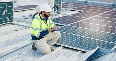 Buy stock photo Man, technician and electrical engineer with tablet for solar panel installation, renewable energy or alternative power. Male person, electrician or contractor with technology for photovoltaic system