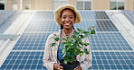 Black woman, farmer and plant with solar panel for eco friendly, sustainable future and infrastructure in city. Portrait, ecology and female person with renewable energy for natural growth in Nigeria