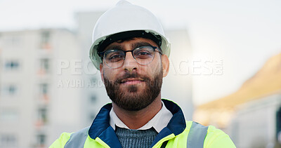 Buy stock photo Construction worker, rooftop and portrait of man with architecture and urban planning with confidence outdoor. Architect, civil engineering and job in city with quality assurance work in Brazil