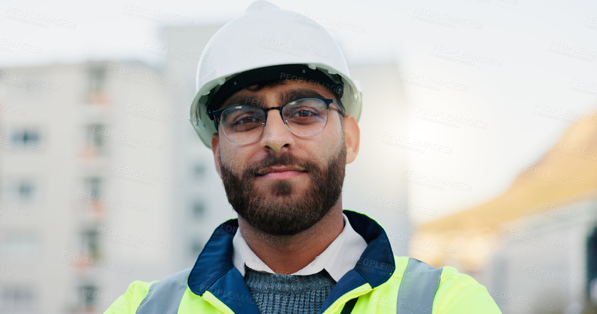 Buy stock photo Construction worker, rooftop and portrait of man with architecture and urban planning with confidence outdoor. Architect, civil engineering and job in city with quality assurance work in Brazil