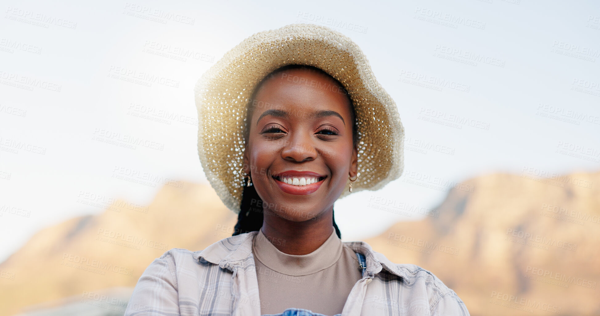 Buy stock photo Black woman, portrait and farmer with hat in nature for conservative energy, global warming or future sustainability. Young African, female person or gardener with smile for natural growth in Canada