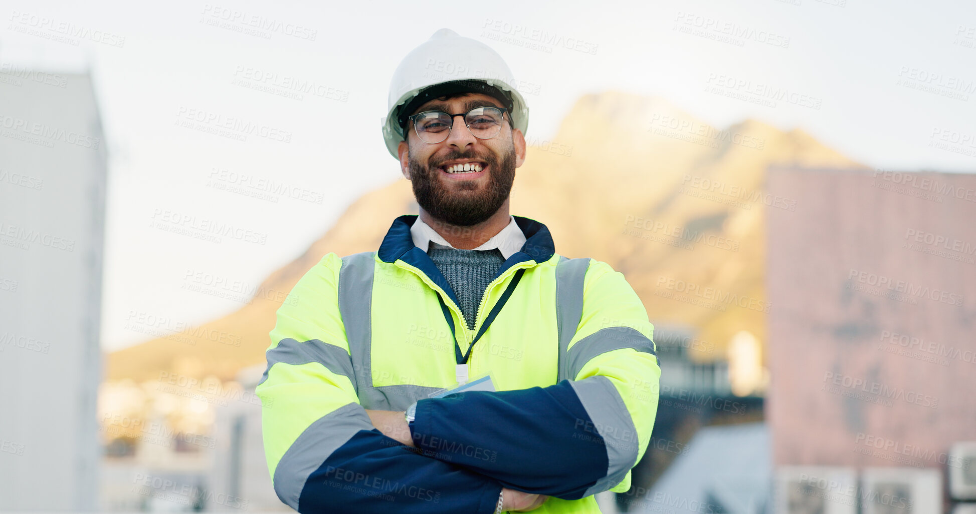 Buy stock photo Architect, rooftop and man portrait with architecture and urban planning with arms crossed outdoor. Project contractor, civil engineering and smile in city with quality assurance work in Brazil