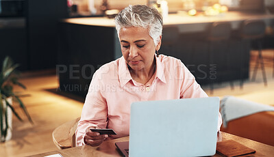 Buy stock photo Senior woman, credit card and laptop in home with payment for plane tickets, reading and deal for international travel. Mature person, banking and pc for flight booking, fintech and passport in house