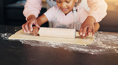 Buy stock photo Parent, little girl and baking with roller on table in kitchen for learning, teaching or making dough at home. Hands, guardian and child or junior baker preparing dessert, cookies or pastry recipe