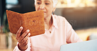 Buy stock photo Senior woman, passport and laptop in home for immigration, identity or compliance for international travel. Mature person, documentation and computer for flight booking with reading, search or date