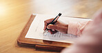 Desk, hands and black person with document for signature, legal agreement and approval of compliance. Above, table and client with form for will, personal information and acceptance of terms at home