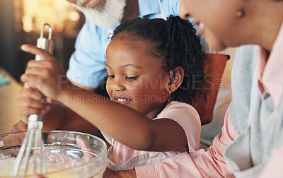 Buy stock photo Baking, kid and helping grandparents with mixing for cookies, dessert prep and childhood development. Flour, people and girl child bonding in kitchen with teaching cake recipe, support and education