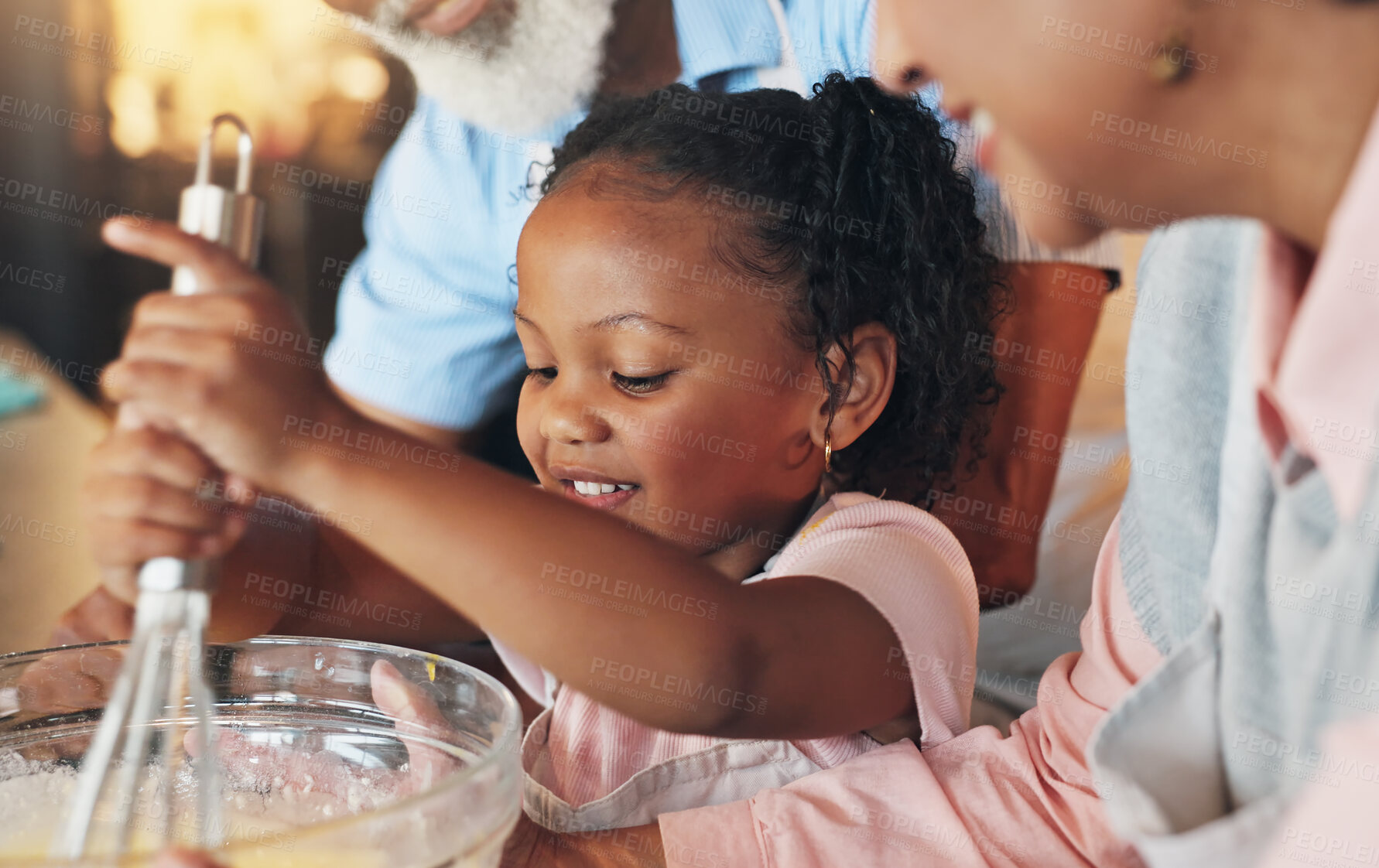 Buy stock photo Baking, kid and helping grandparents with mixing for cookies, dessert prep and childhood development. Flour, people and girl child bonding in kitchen with teaching cake recipe, support and education