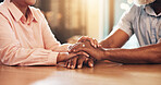 Holding hands, senior couple and support in home for love, care and connection with comfort for bonding in living room. People, relax and empathy for relationship, partnership and marriage in house