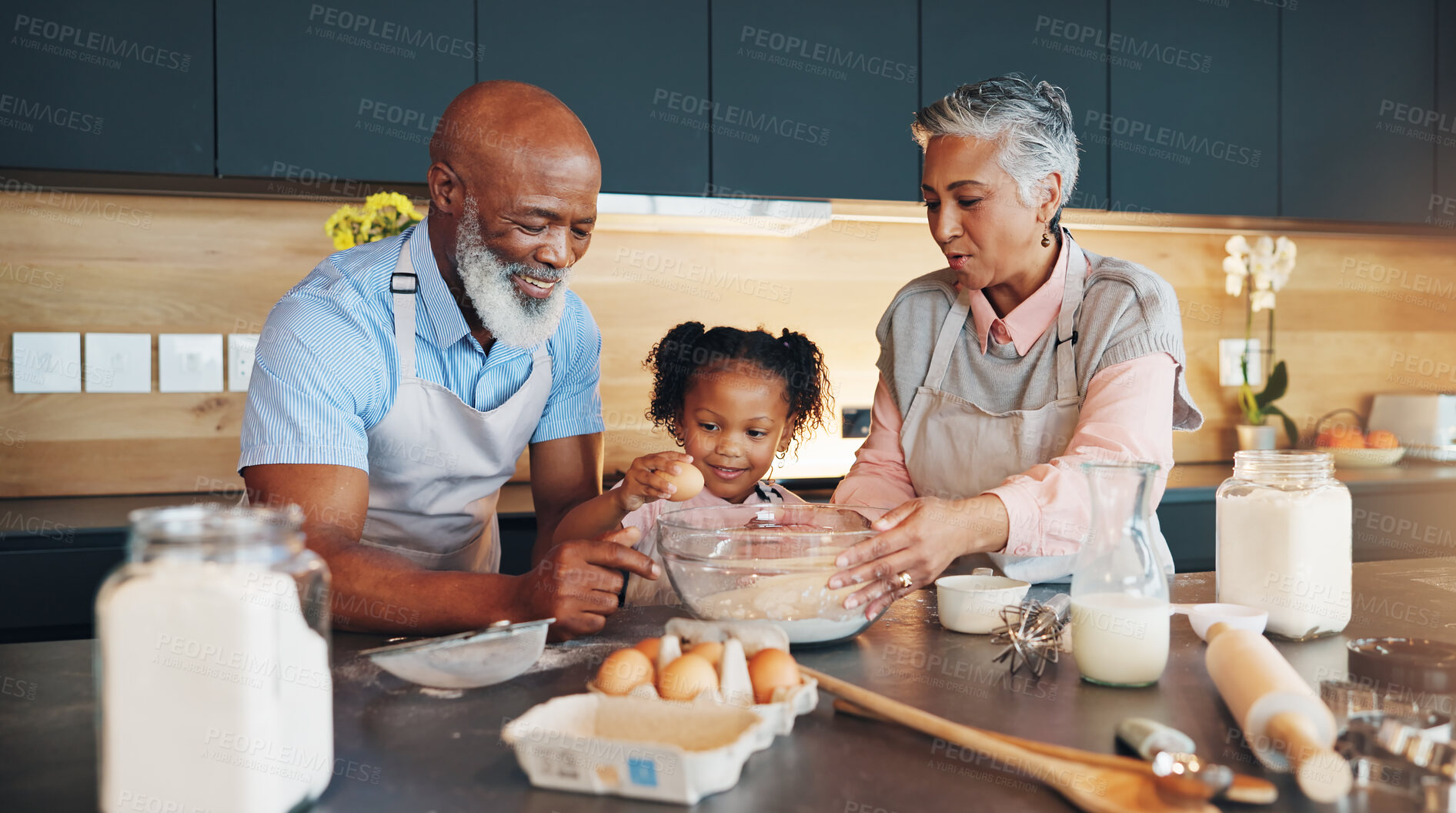 Buy stock photo Baking, child and helping grandparents with preparation for cookies, dessert and childhood development. Flour, people and girl kid bonding in kitchen with teaching cake recipe, support and education