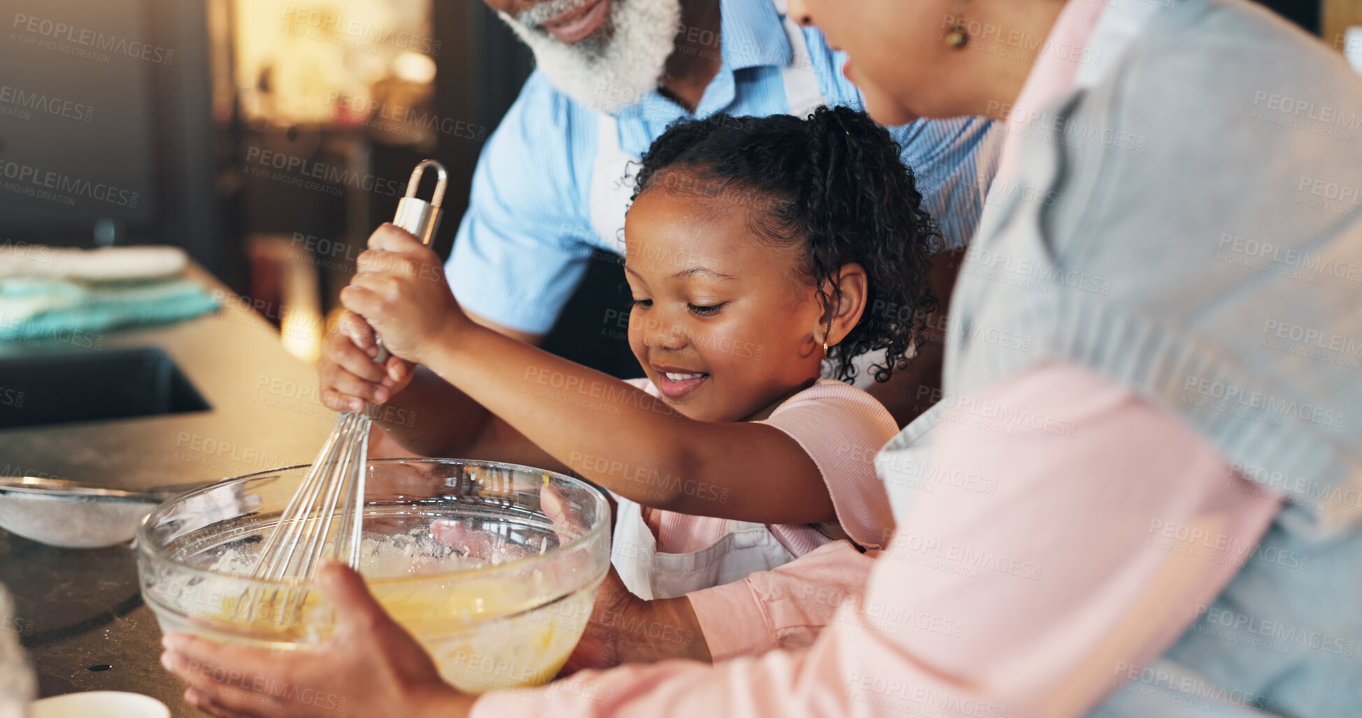 Buy stock photo Baking, child and helping grandparents with mixing for cookies, dessert prep and childhood development. Flour, people and girl kid bonding in kitchen with teaching cake recipe, support and education