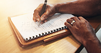 Buy stock photo Table, hands and black person with document for signature, agreement and approval of compliance. Above, desk and senior client with forms for pension fund, personal information and retirement benefit