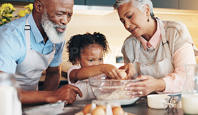 Buy stock photo Baking, child and helping grandparents with eggs for cookies, dessert ingredient and childhood development. Flour, people and girl bonding in kitchen with teaching cake recipe, support and education