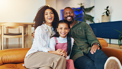 Buy stock photo Kid, parents and portrait with smile on sofa for support, care and bonding together on weekend. Happy, father and mother relaxing with girl on couch at home for connection, love or trust in childhood