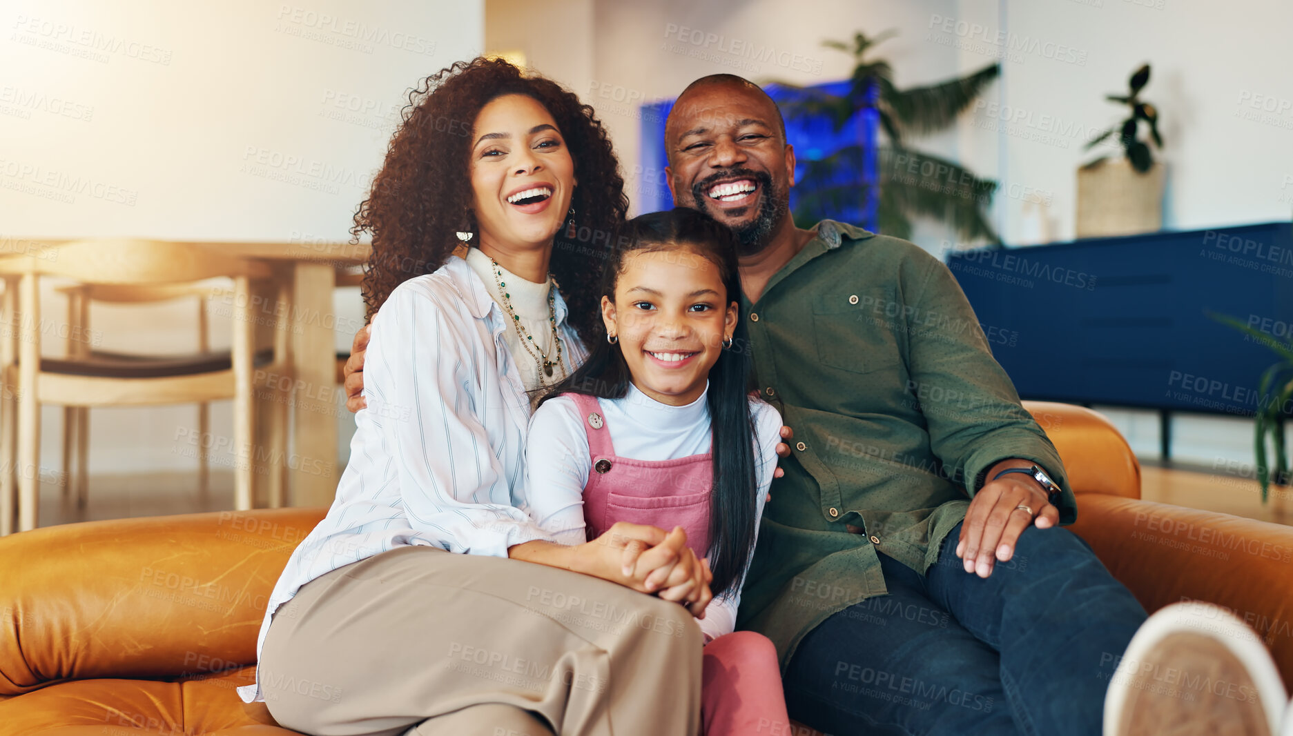 Buy stock photo Kid, parents and portrait with smile on sofa for support, care and bonding together on weekend. Happy, father and mother relaxing with girl on couch at home for connection, love or trust in childhood