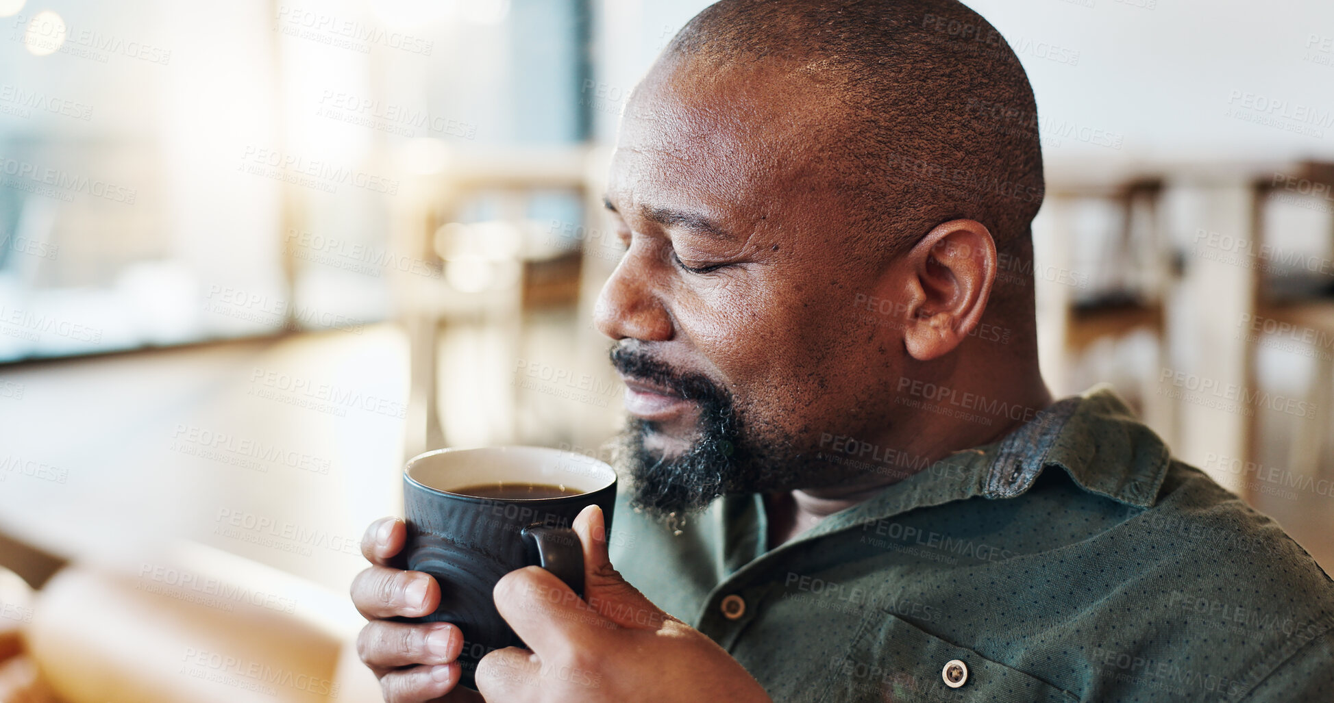 Buy stock photo Coffee, calm and black man smelling aroma in home with morning routine on weekend break. Cappuccino, rest and happy African male person drinking caffeine latte on sofa for relaxing at house.