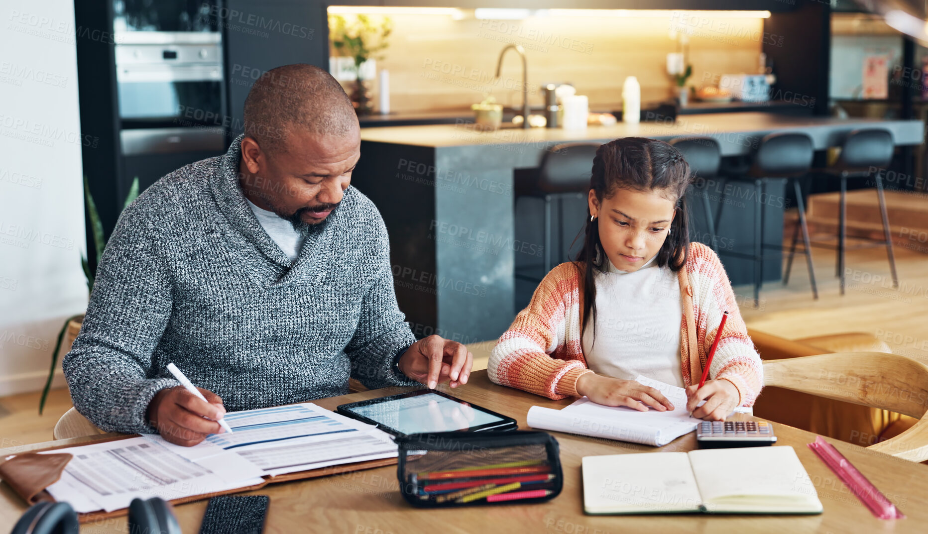 Buy stock photo Writing, father and girl with homework, tablet and internet with typing, connection and website info. Family, dad and daughter with single parent, technology and help with education and support