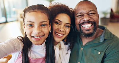 Buy stock photo Selfie, portrait and family relaxing in home with love, bonding and connection for profile picture. Happy, care and girl child resting with mother and father for photography memory in house together.