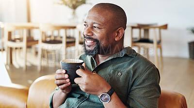 Buy stock photo Coffee, thinking and black man in home with memory, ideas or reflection of past with happiness. Cappuccino, smile and African male person drinking caffeine latte on sofa for relaxing at house.