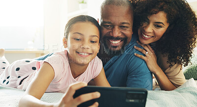 Buy stock photo Selfie, happy and family relaxing in home with love, bonding and connection for profile picture. Smile, care and girl child resting with mother and father for photography memory in house together.