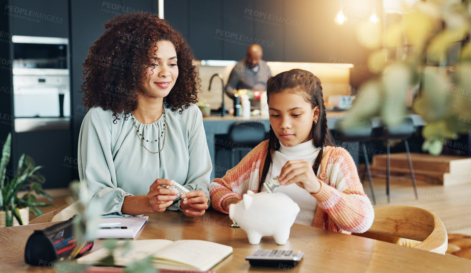 Buy stock photo Mom, girl and piggy bank with saving in home with money, teaching and bonding with finance, love and support. Cash, mother and daughter with animal container, learning and development in family house