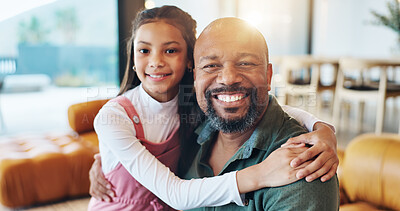 Buy stock photo Kid, man and portrait with smile on sofa for support, love and bonding together on weekend. Happy, father and daughter relaxing with hug on couch at home for connection, care and trust in childhood