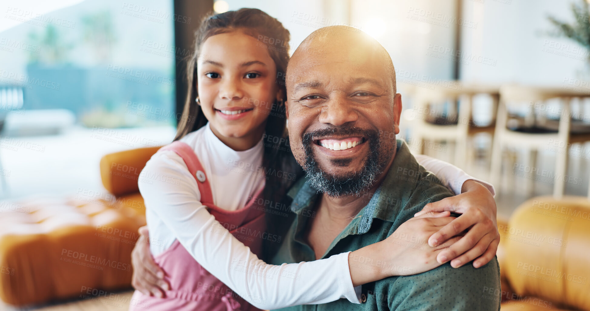 Buy stock photo Kid, man and portrait with smile on sofa for support, love and bonding together on weekend. Happy, father and daughter relaxing with hug on couch at home for connection, care and trust in childhood