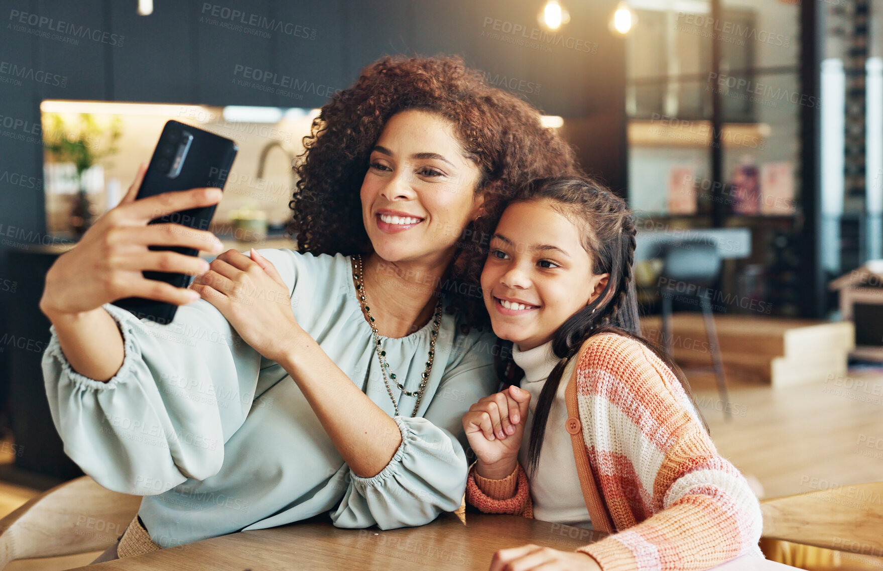 Buy stock photo Mom, girl and selfie with smile in home with care, connection and bonding with photography, love and post on web. Memory, mother and daughter with profile picture, happy and social network in house