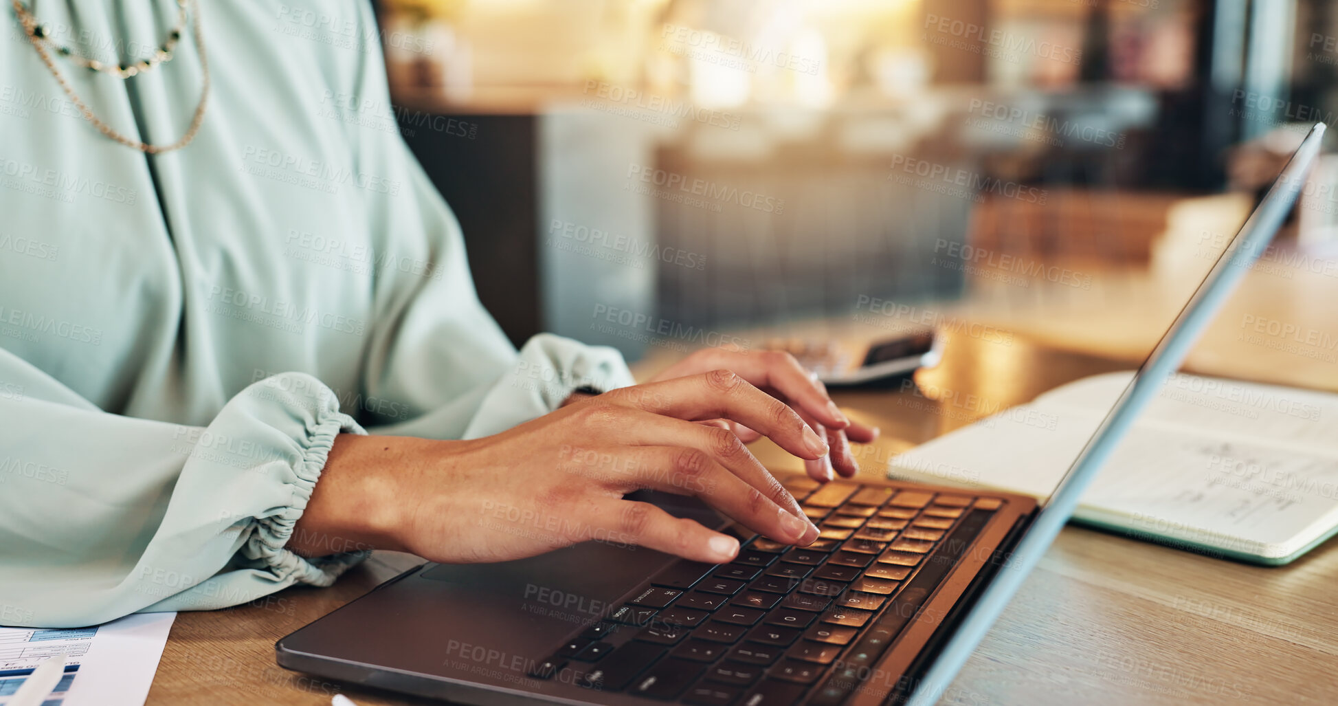 Buy stock photo Hands, typing and laptop in home with paperwork for finance, pension and application for retirement income. Computer, research and person with planning, documentation or compliance for tax in house