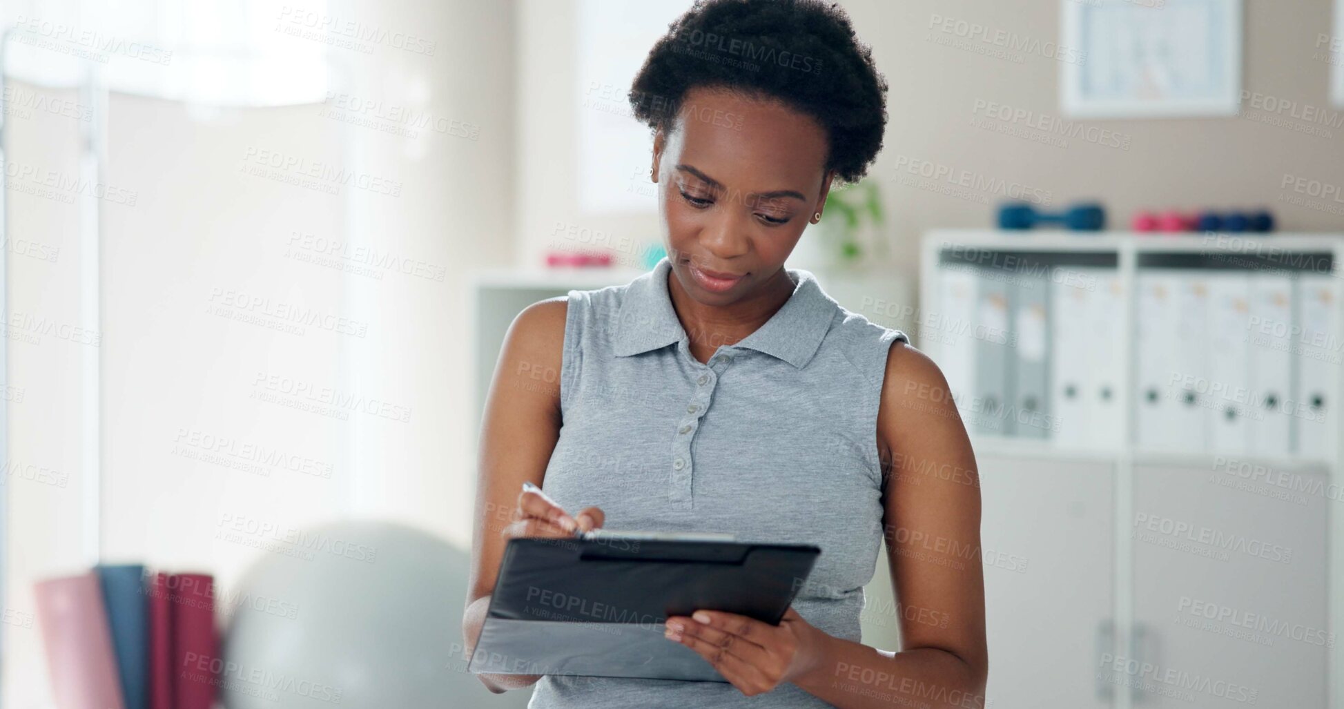 Buy stock photo Physiotherapist, research and black woman with tablet in office for client, booking or appointment info. Medical, worker and physiotherapy with tech for patient database, update or telehealth records