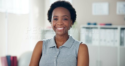 Buy stock photo Portrait, physical therapist and black woman in office, smile and happiness with career ambition. Face, physiotherapy and medical with professional, confidence and healthcare with pride and wellness