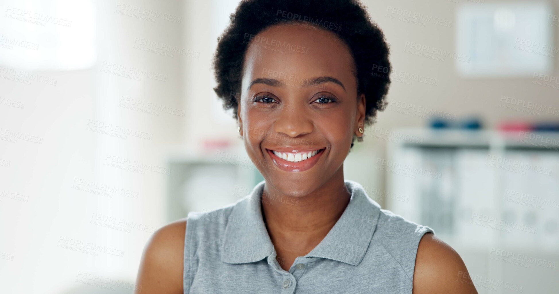 Buy stock photo Portrait, physical therapist and black woman in office, healthcare and happiness with career ambition. Face, physiotherapy and medical with professional, confidence and smile with pride and cheerful