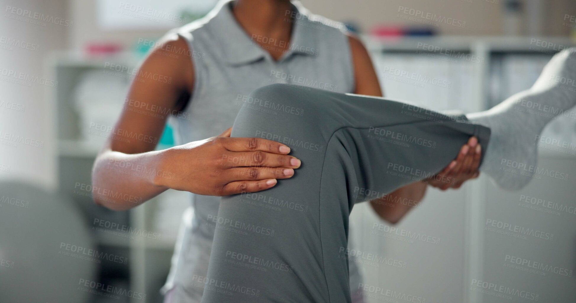 Buy stock photo Physiotherapy, knee pain and chiropractor with patient stretching for wellness, health and mobility. Healthcare, clinic and legs of person for physical therapy, rehabilitation and medical support