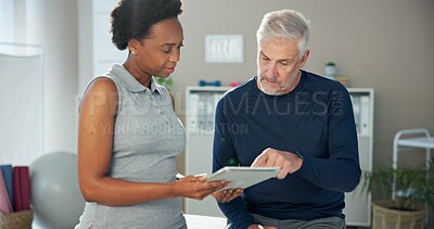 Buy stock photo Woman, physiotherapist and patient with tablet for medical history, diagnosis or appointment check in at clinic. Female person, orthopedic and senior man with technology for visit at private practice