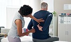 Physiotherapy, back pain and senior man with chiropractor for wellness, health and mobility. Healthcare, clinic and person with mature patient for physical therapy, rehabilitation and medical support