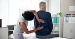 Physiotherapy, back pain and senior man with chiropractor for wellness, health and mobility. Healthcare, clinic and person with mature patient for physical therapy, rehabilitation and medical support