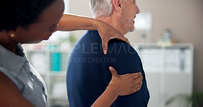 Buy stock photo Physiotherapy, shoulder pain and senior man with chiropractor for wellness, health and mobility. Healthcare, clinic and person with patient for physical therapy, rehabilitation and medical support