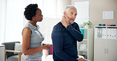 Buy stock photo Physiotherapy, neck pain and mature man with chiropractor for wellness, health and mobility. Healthcare, clinic and person with senior patient for physical therapy, rehabilitation and medical support