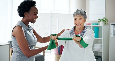 Buy stock photo Physiotherapy, stretching and mature woman with resistance band for wellness, health and mobility. Healthcare, clinic and chiropractor with patient for physical therapy, rehabilitation and consulting