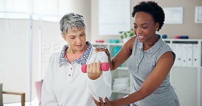 Buy stock photo Physiotherapy, weights and woman with senior patient for wellness, strength and mobility. Healthcare, clinic and chiropractor with person for physical therapy, rehabilitation and medical support