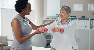 Buy stock photo Physiotherapy, weights and woman with mature patient for wellness, strength and mobility. Healthcare, clinic and chiropractor with person for physical therapy, rehabilitation and medical support