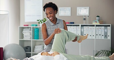 Buy stock photo Physiotherapy, knee pain and chiropractor with person stretching for wellness, health and mobility. Healthcare, clinic and legs of patient for physical therapy, rehabilitation and medical support