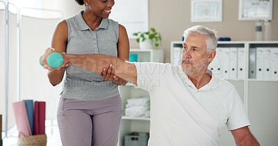 Buy stock photo Physiotherapy, weights and woman with mature man for wellness, consulting and mobility. Healthcare, clinic and chiropractor with person for physical therapy, rehabilitation and medical support