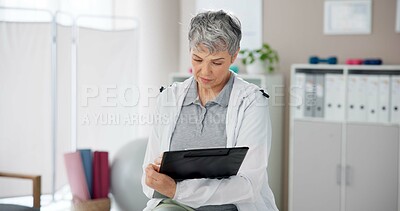 Buy stock photo Physiotherapy, worker and mature woman with clipboard in office for client, booking and appointment info. Medical, work and physiotherapist with checklist for patient recovery, progress and update