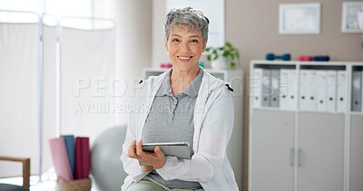 Buy stock photo Physiotherapy, portrait and mature woman with tablet in office for patient, booking and client database. Medical, physiotherapist and worker with tech for appointment, schedule and telehealth records