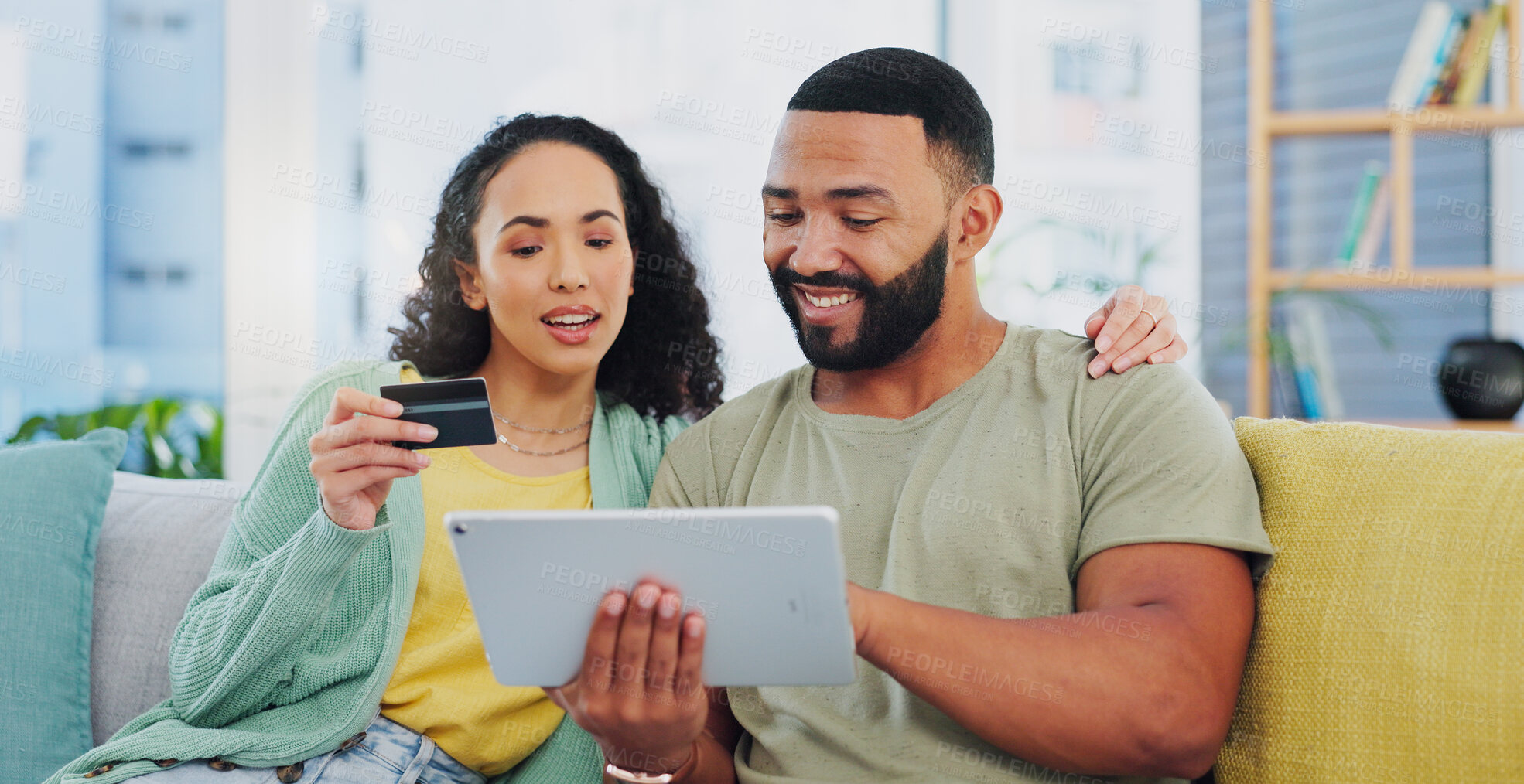 Buy stock photo Happy couple, online shopping and tablet with credit card for payment or banking app on sofa at home. Young man, woman or shoppers with smile on technology for ecommerce, transaction or purchase