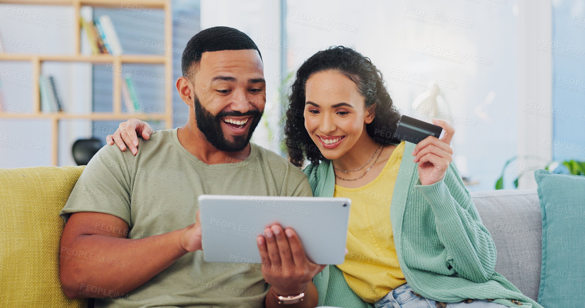 Buy stock photo Happy couple, sofa and tablet with credit card for online shopping, payment or banking app at home. Excited man, woman or shoppers with smile on technology for ecommerce, transaction or purchase