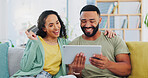 Happy couple, sofa and tablet with credit card for ecommerce, payment or banking app at home. Excited man, woman or shoppers with smile on technology for online shopping, transaction or purchase