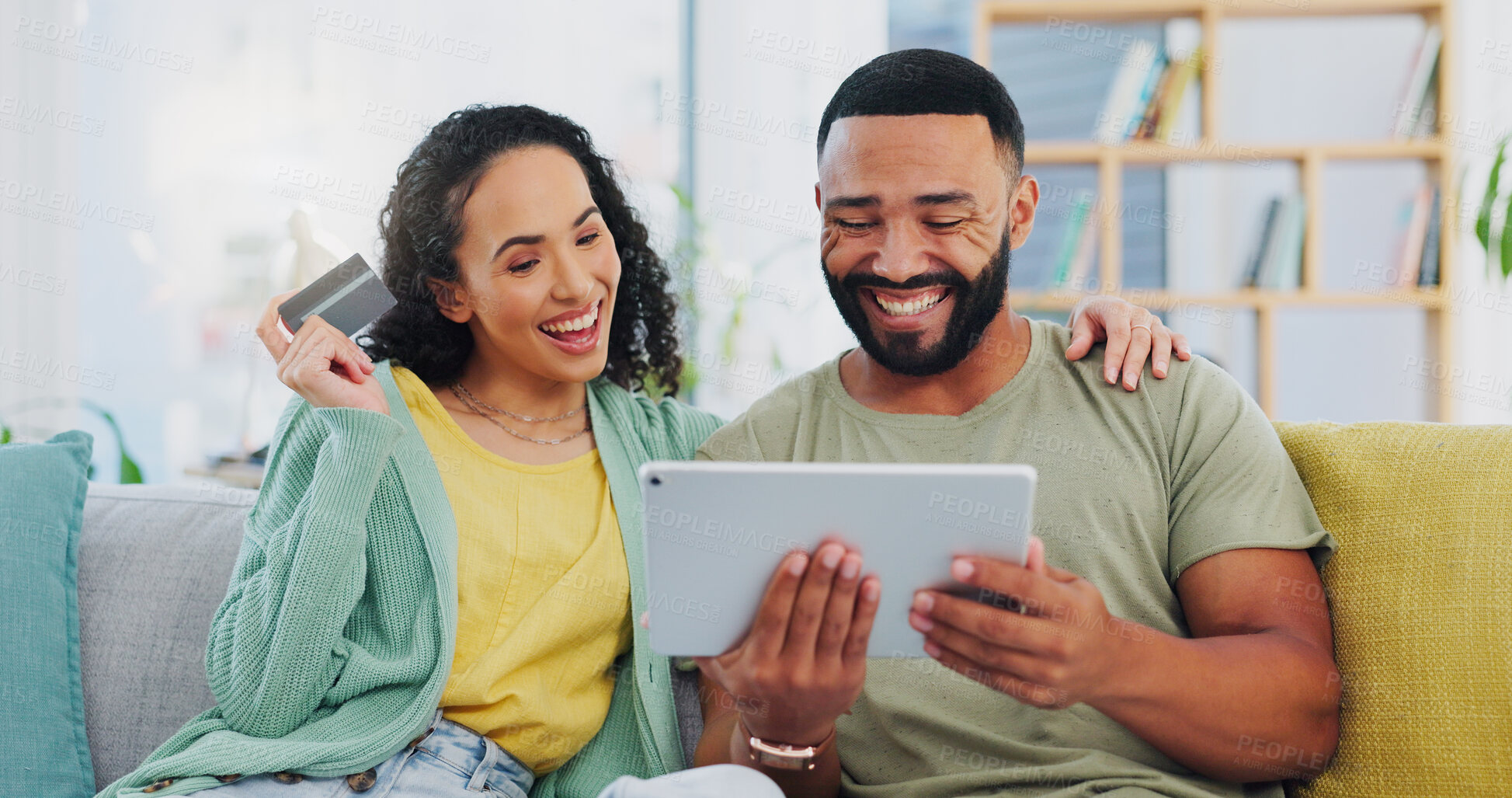 Buy stock photo Happy couple, sofa and tablet with credit card for ecommerce, payment or banking app at home. Excited man, woman or shoppers with smile on technology for online shopping, transaction or purchase